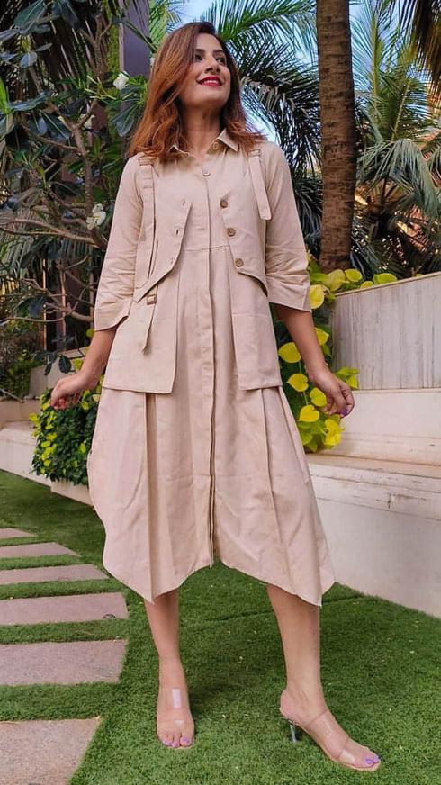 Beige Shirt Dress With Waist Coat
